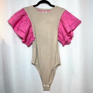 Beige Pink Ruffle Sleeve Bodysuit Top Colorblock Puff Sleeve Fitted L